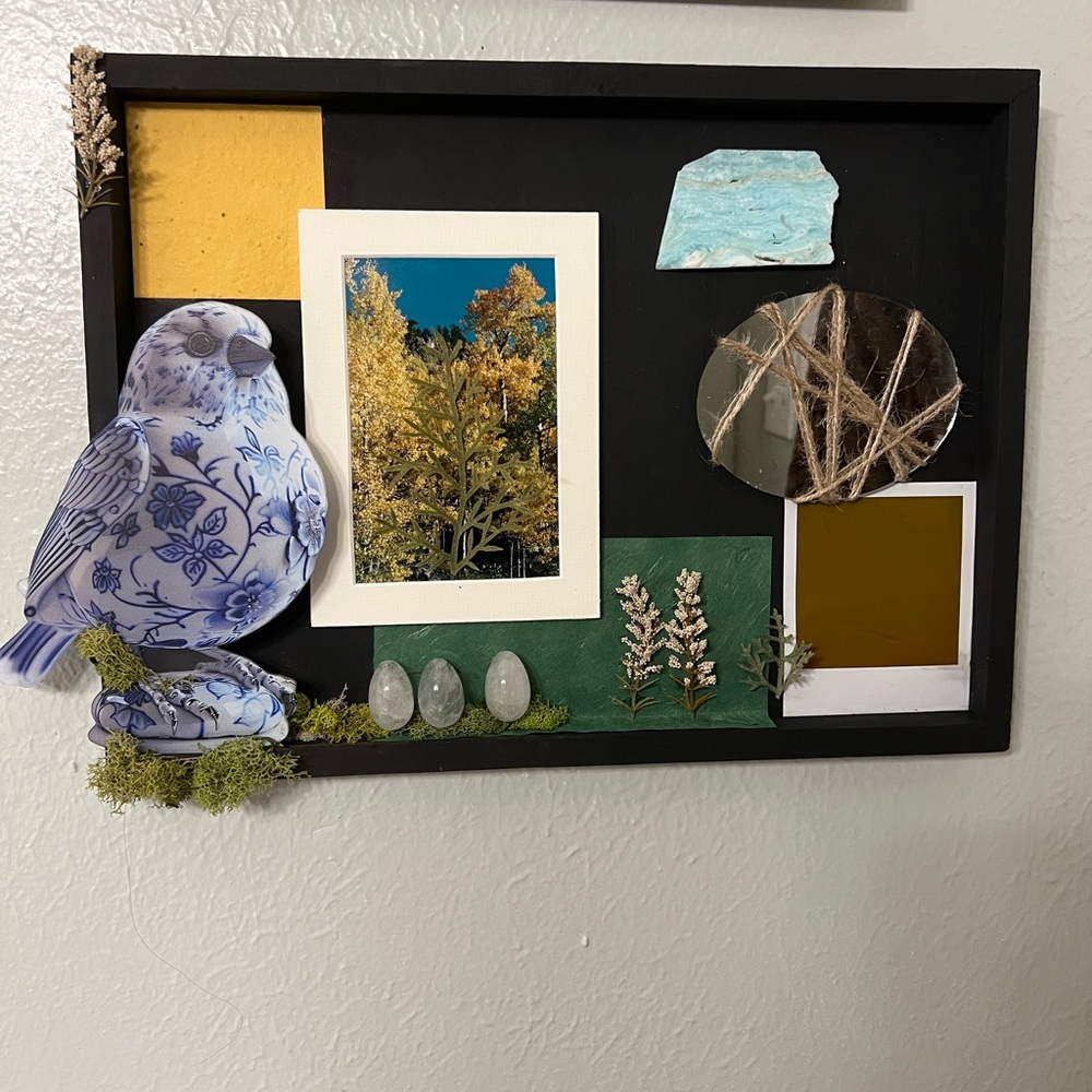 Assemblage art with Blue Bird, vintage Polaroid, Quartz and hemimorphite crystal